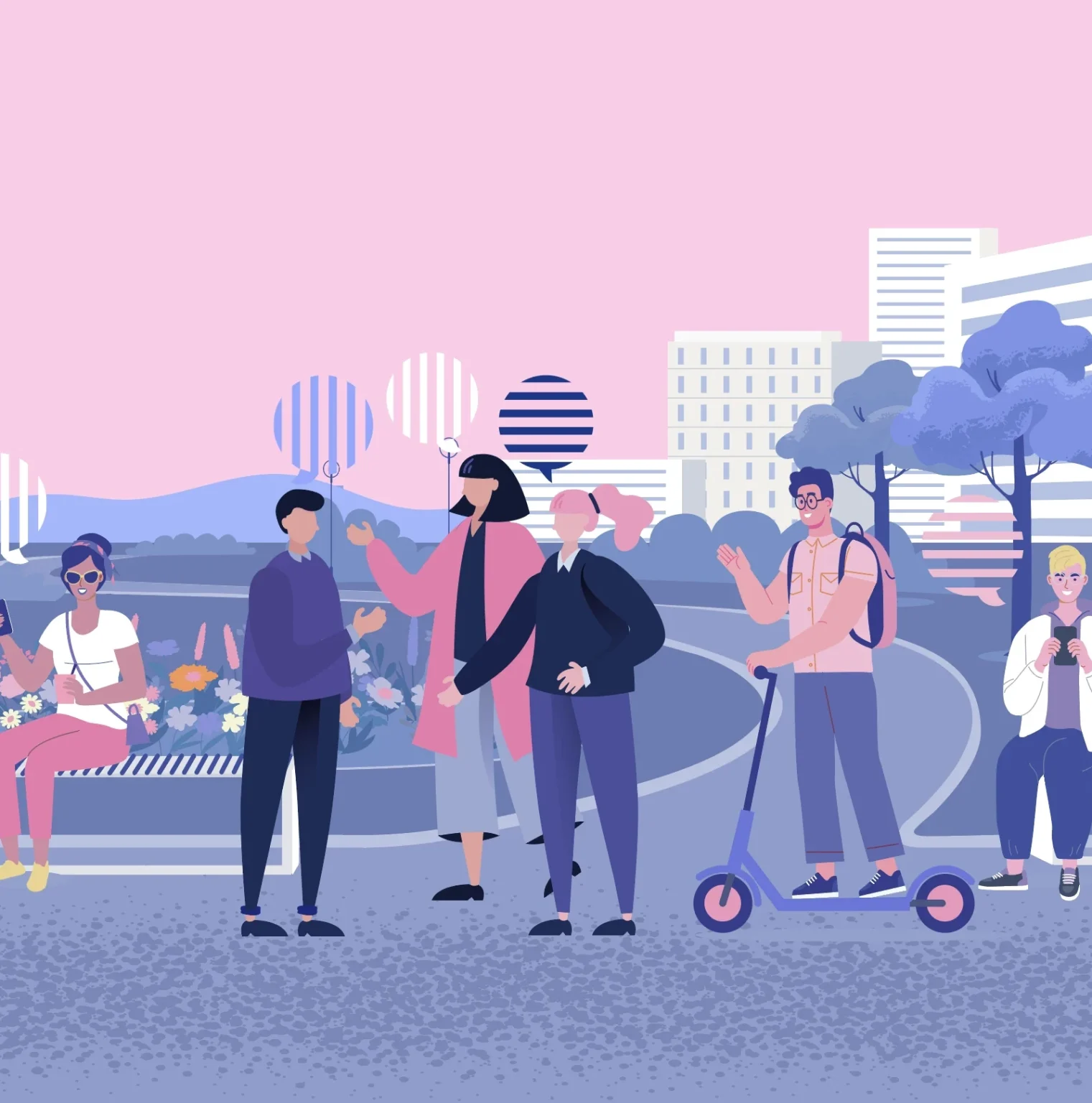 people-on-street-talking_2 公園で集まる人々のイラストレーション。ベンチに座る人、歩いて談笑するグループ、スクーターに乗る人が描かれ、背景には建物や木々がある。話している吹き出しが空中に浮かんでいる