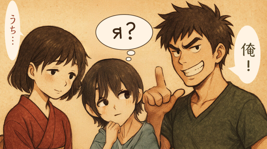 アニメーションスタイルのイラストで、3人のキャラクターが描かれている。左の人物が「うち…」、右の人物が「俺！」と吹き出し内で述べており、中央の人物は考え込むような表情で「Я？」と考